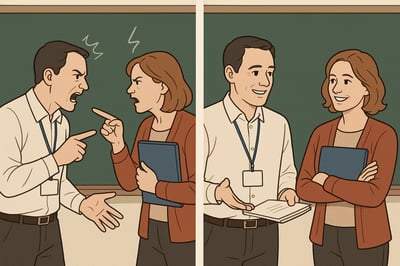 comparison image of teachers arguing in one portion then showing them getting along in another