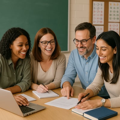 teachers around table collaborating and smiling-1